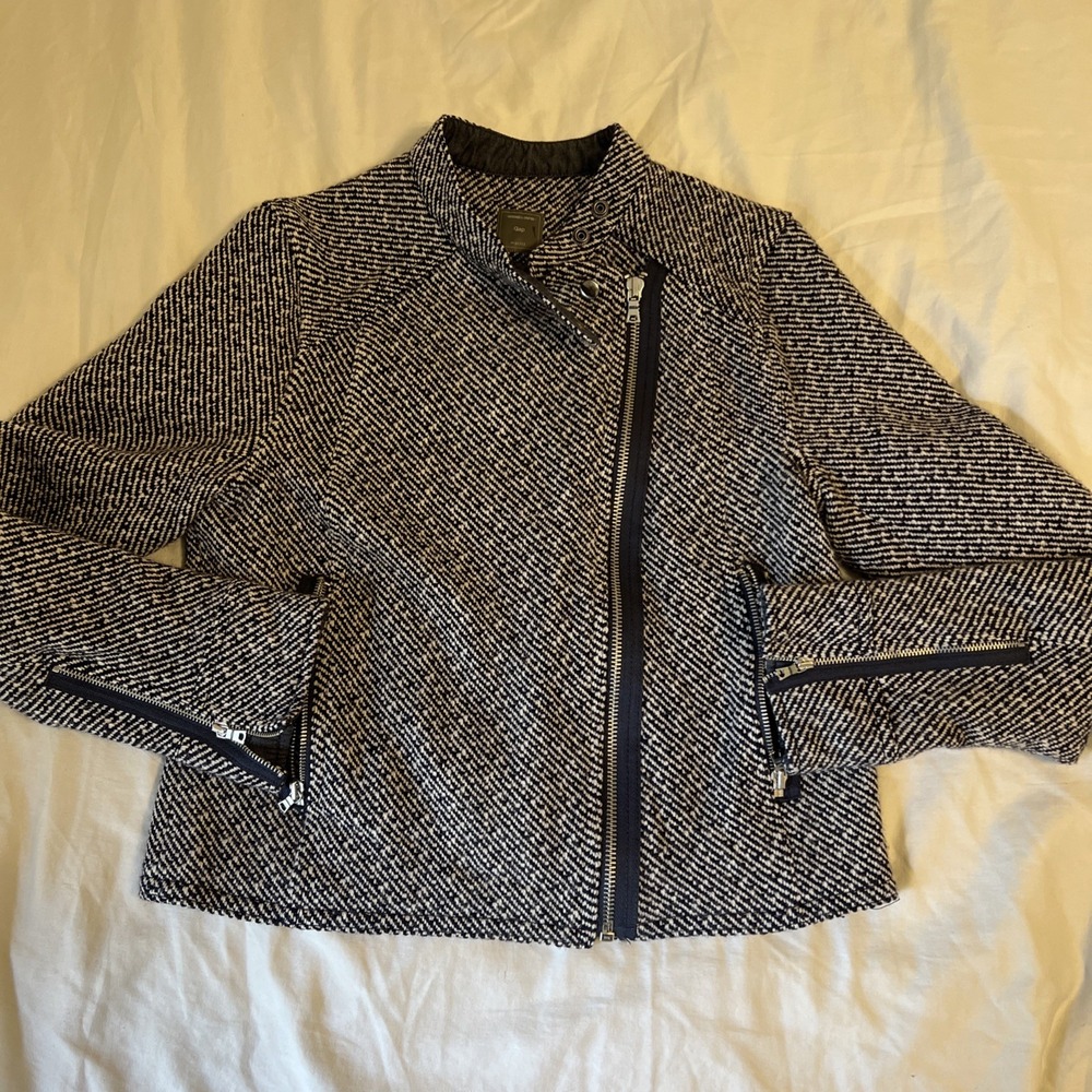 Gap Designed & Crafted Womens Navy White Tweed Wool Blend Moto Jacket Large